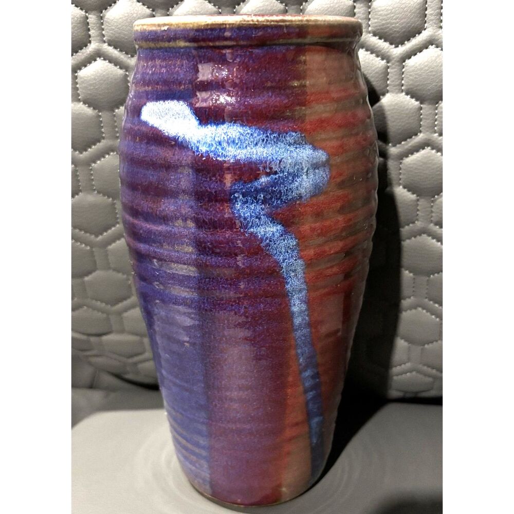 Vintage Signed Studio Art Pottery Drippy Glaze Ribbed Stoneware Body Vase 9.5"